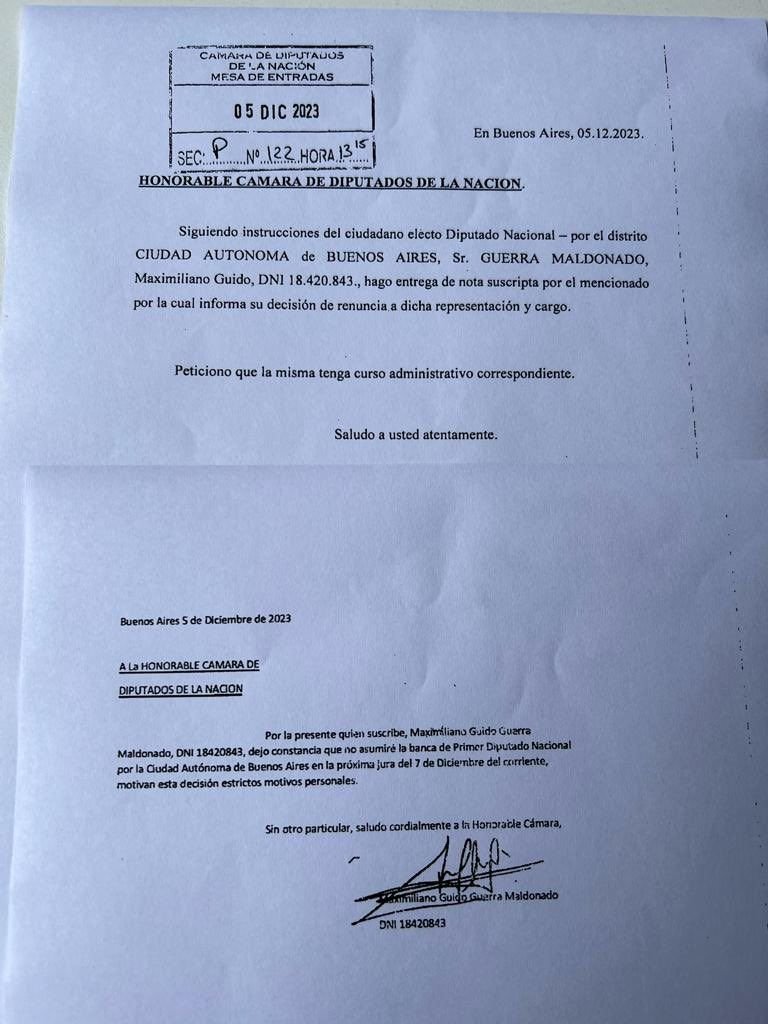 Maximiliano Guerra renunció a su banca en la Cámara de Diputados