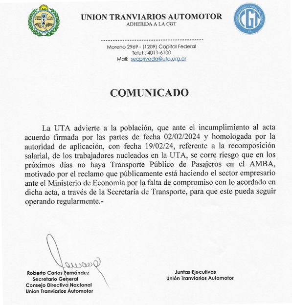 La UTA amenaza con un paro de colectivos en el AMBA por la demora del Gobierno para aprobar su paritaria