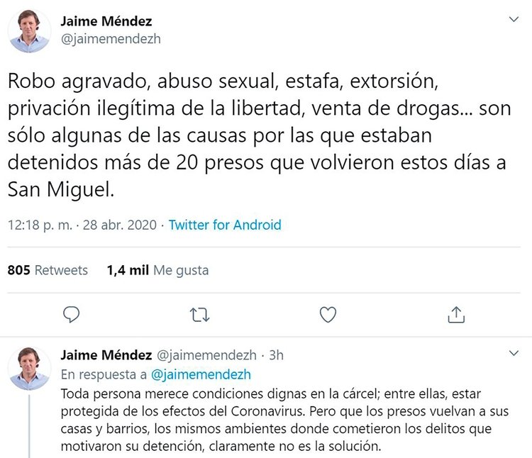 Jaime Méndez, intendente de San Miguel: “Los presos merecen estar en condiciones dignas, pero la solución no es que vuelvan a sus casas”